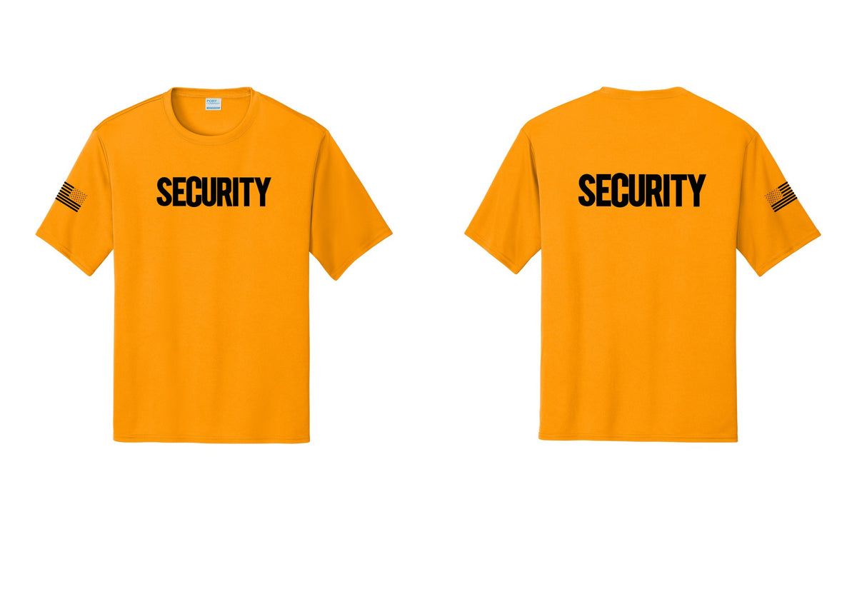 NYC Factory Men's Security Performance T-Shirt - Front + Back + US Flag Sleeve - Gold