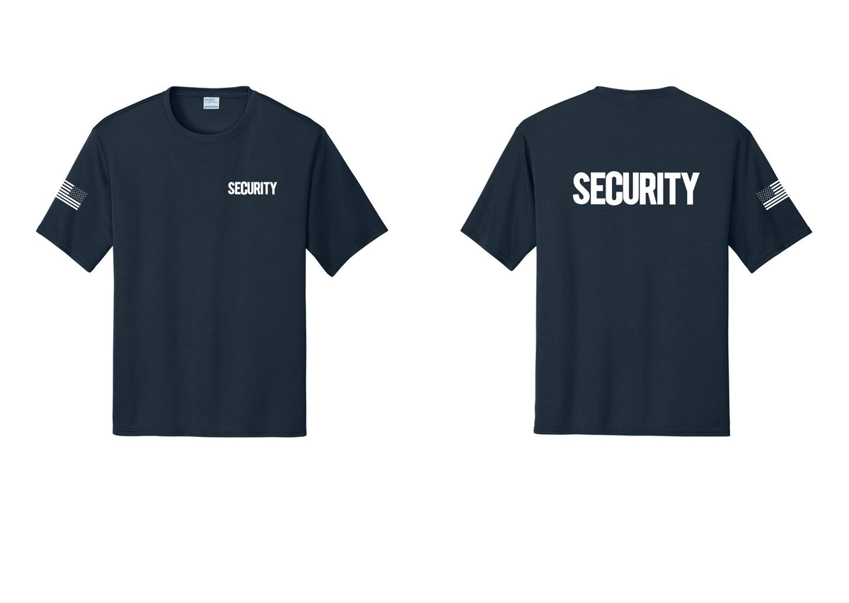 NYC Factory Men's Security Performance T-Shirt - Chest + Back + US Flag Sleeve - Navy