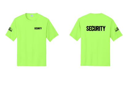 NYC Factory Men's Security Performance T-Shirt - Chest + Back + US Flag Sleeve - Neon Green