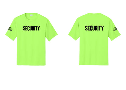 NYC Factory Men's Security Performance T-Shirt - Front + Back + US Flag Sleeve - Neon Green