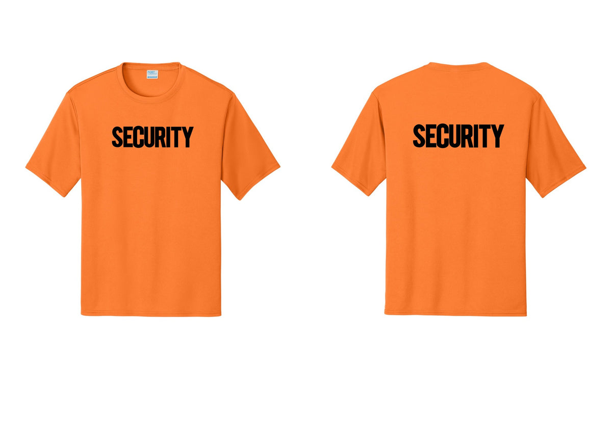 NYC Factory Men's Security Performance T-Shirt - Front + Back - Neon Orange