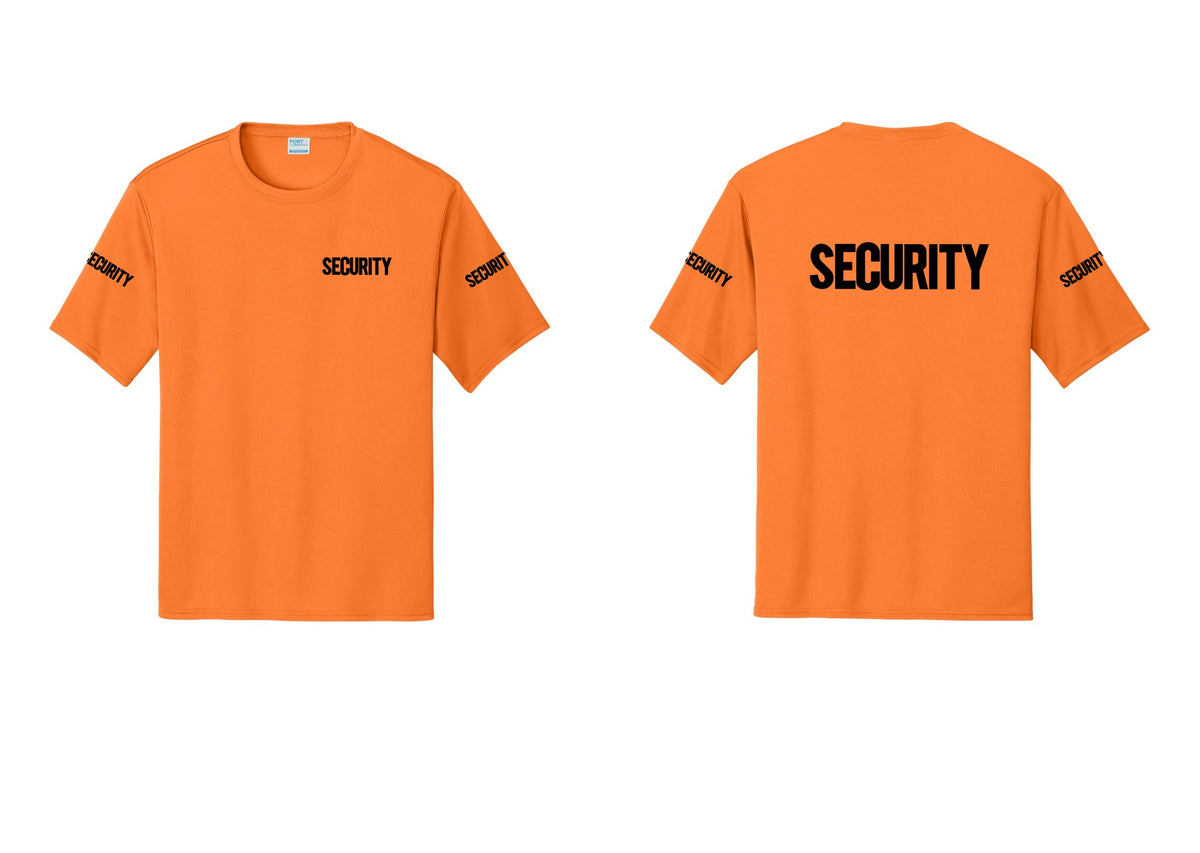 NYC Factory Men's Security Performance T-Shirt - Chest + Back + Security Sleeves - Neon Orange