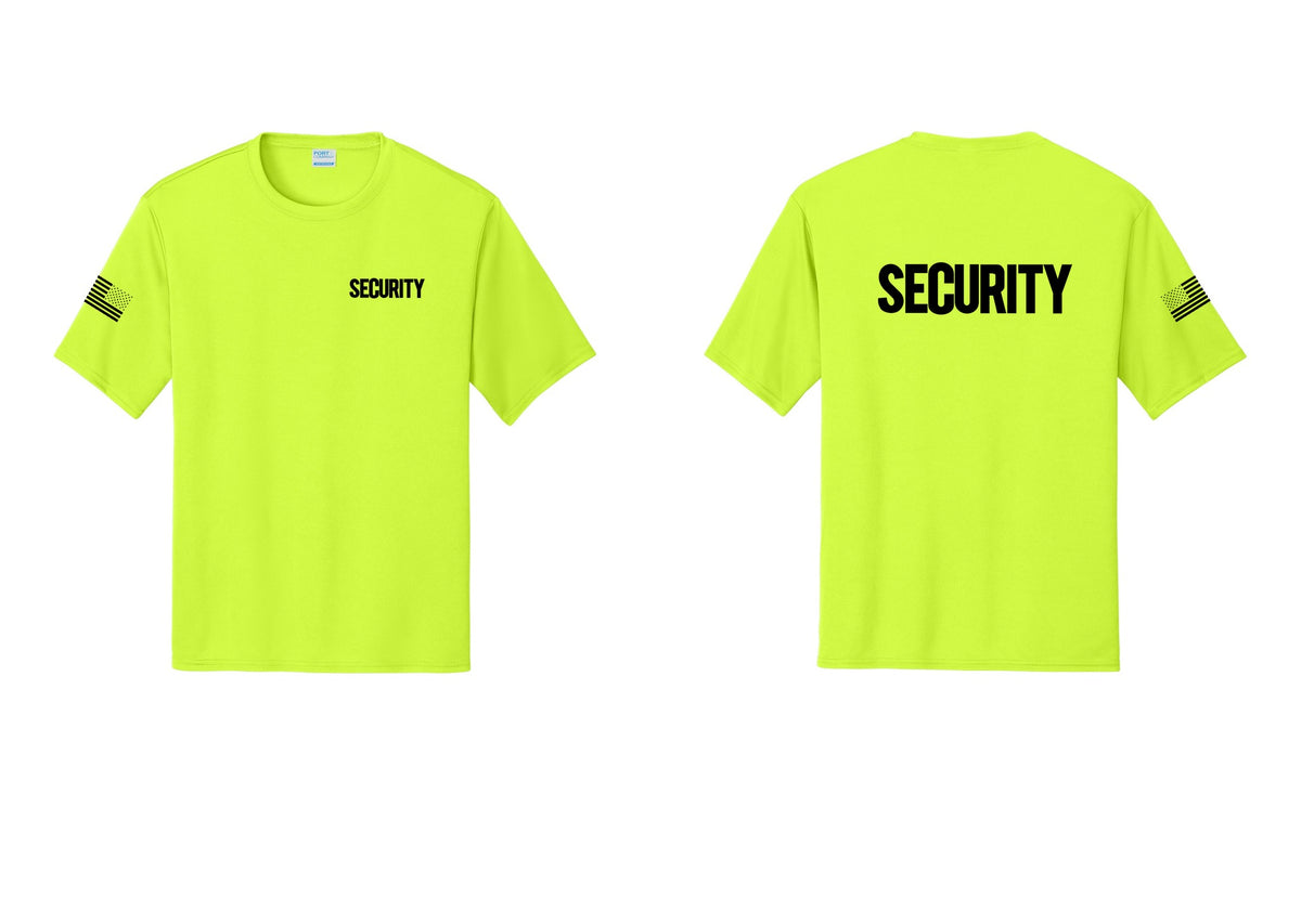 NYC Factory Men's Security Performance T-Shirt - Chest + Back + US Flag Sleeve - Neon Yellow
