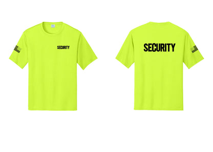 NYC Factory Men's Security Performance T-Shirt - Chest + Back + US Flag Sleeve - Neon Yellow