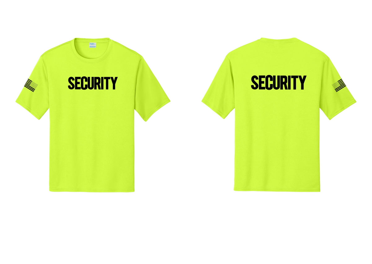 NYC Factory Men's Security Performance T-Shirt - Front + Back + US Flag Sleeve - Neon Yellow