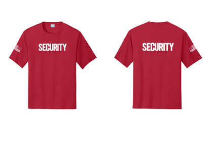 NYC Factory Men's Security Performance T-Shirt - Front + Back + US Flag Sleeve - Red