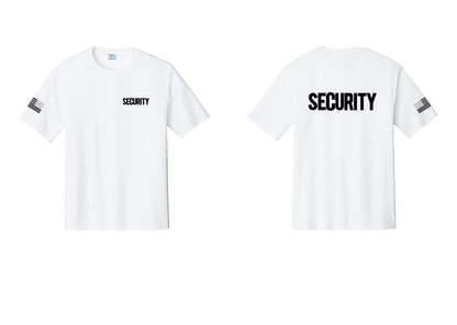 NYC Factory Men's Security Performance T-Shirt - Chest + Back + US Flag Sleeve - White