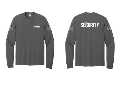 NYC Factory Men's Custom Logo Security Cotton Long Sleeve T-Shirt - Chest + Back + Your Logo Sleeves - Charcoal