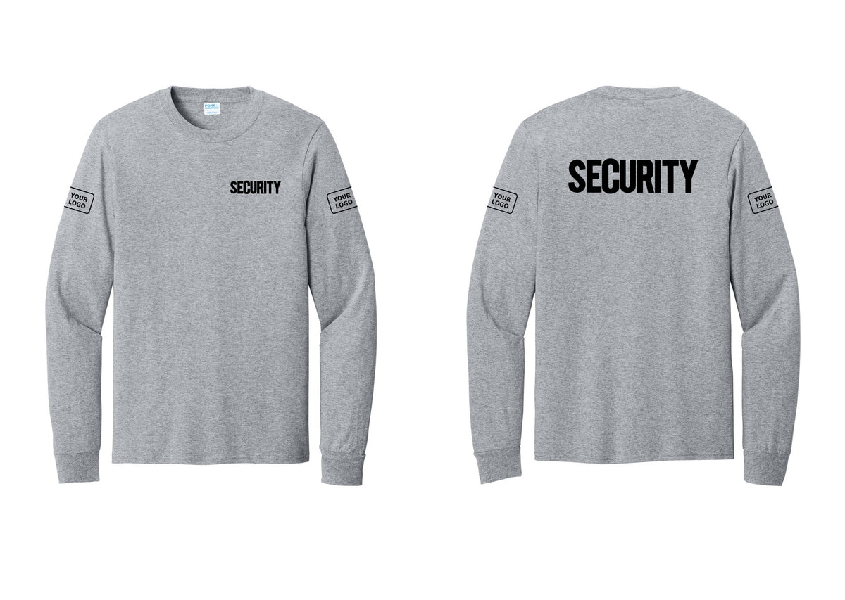 NYC Factory Men's Custom Logo Security Cotton Long Sleeve T-Shirt - Chest + Back + Your Logo Sleeves - Athletic Heather