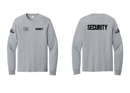 NYC Factory Men's Custom Logo Security Cotton Long Sleeve T-Shirt - SECURITY + Your Logo + Back + US Flag Sleeve - Athletic Heather