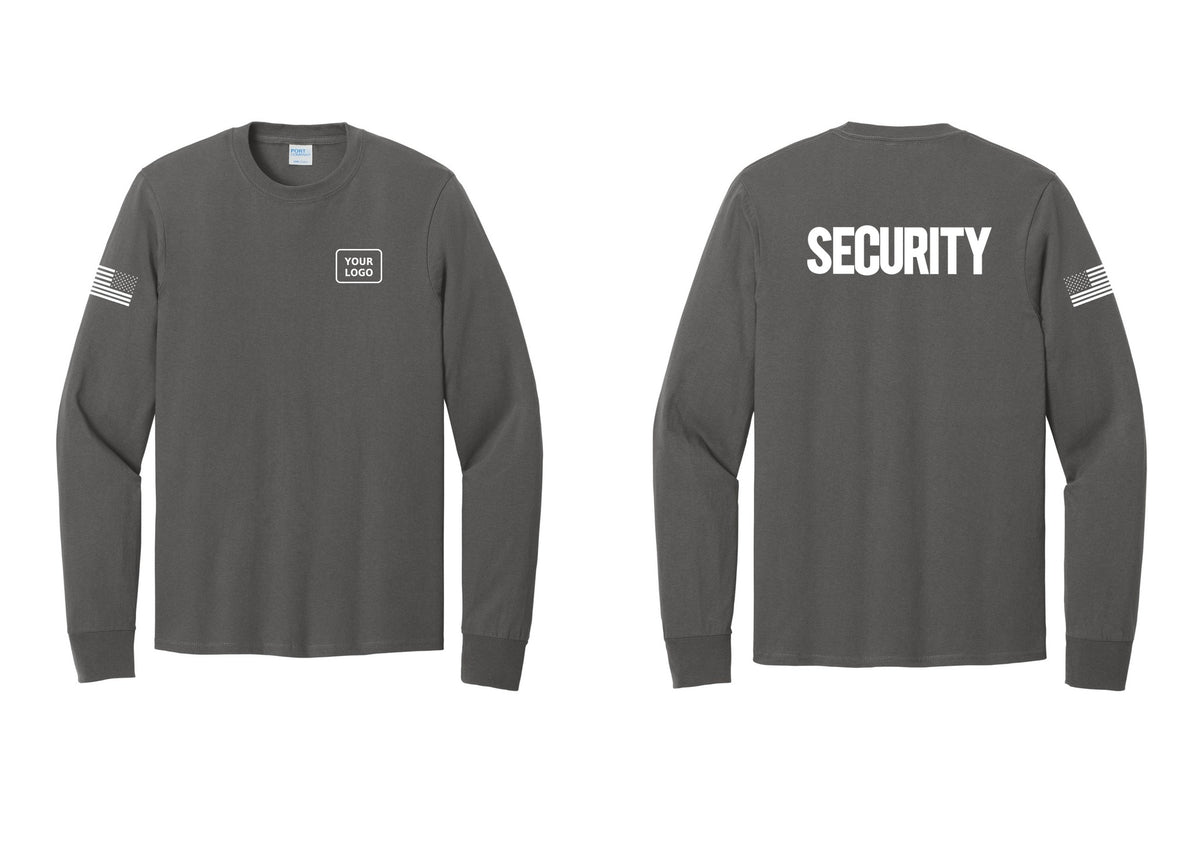 NYC Factory Men's Custom Logo Security Cotton Long Sleeve T-Shirt - Your Logo + Back + US Flag Sleeve - Charcoal
