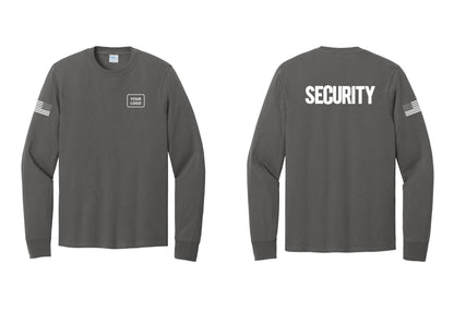 NYC Factory Men's Custom Logo Security Cotton Long Sleeve T-Shirt - Your Logo + Back + US Flag Sleeve - Charcoal