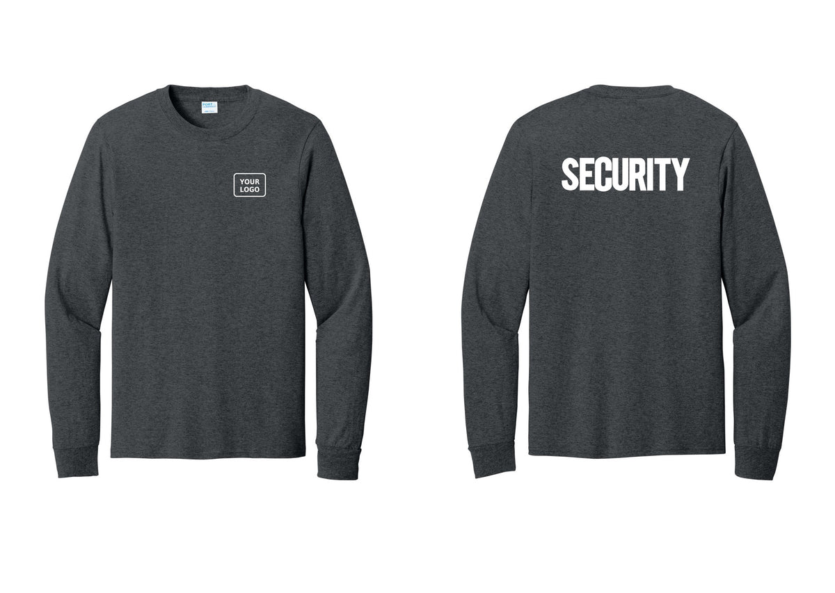 NYC Factory Men's Custom Logo Security Cotton Long Sleeve T-Shirt - Your Logo + Back - Dark Heather Grey