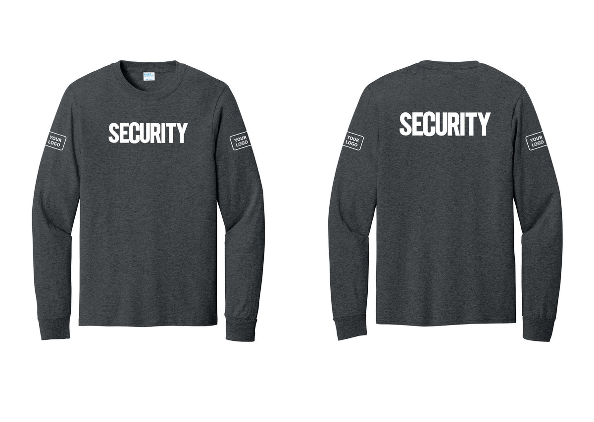 NYC Factory Men's Custom Logo Security Cotton Long Sleeve T-Shirt - Front + Back + Your Logo Sleeves - Dark Heather Grey