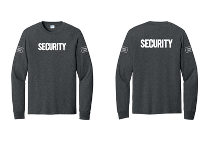 NYC Factory Men's Custom Logo Security Cotton Long Sleeve T-Shirt - Front + Back + Your Logo Sleeves - Dark Heather Grey