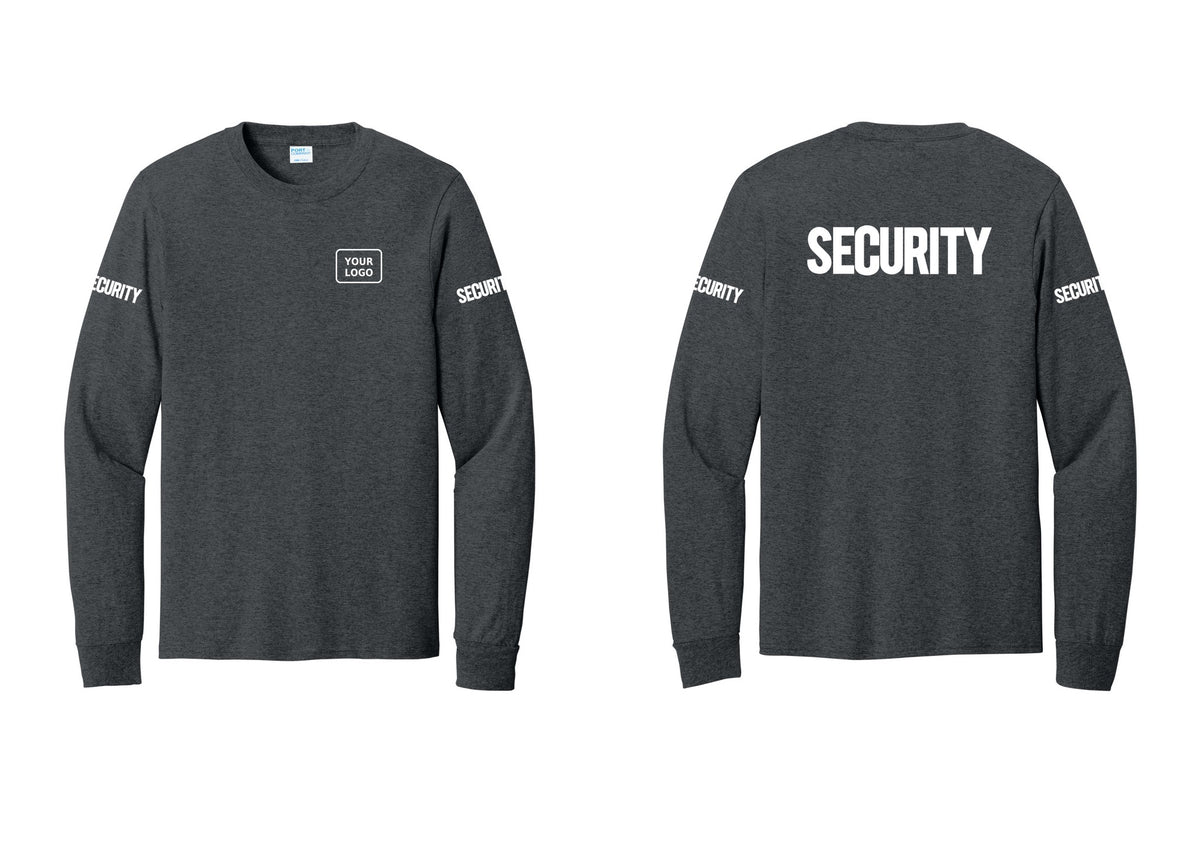 NYC Factory Men's Custom Logo Security Cotton Long Sleeve T-Shirt - Your Logo + Back + Security Sleeves - Dark Heather Grey