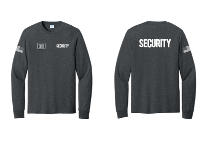 NYC Factory Men's Custom Logo Security Cotton Long Sleeve T-Shirt - SECURITY + Your Logo + Back + US Flag Sleeve - Dark Heather Grey