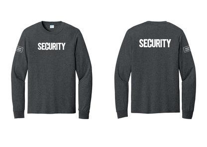 NYC Factory Men's Custom Logo Security Cotton Long Sleeve T-Shirt - Front + Back + Your Logo Sleeve - Dark Heather Grey