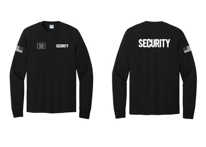 NYC Factory Men's Custom Logo Security Cotton Long Sleeve T-Shirt - SECURITY + Your Logo + Back + US Flag Sleeve - Black