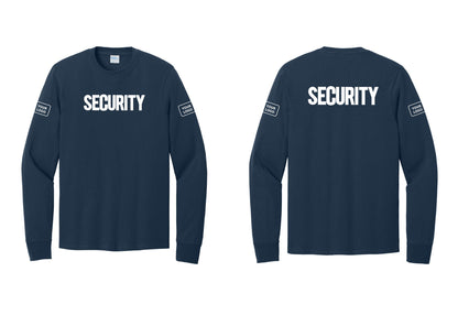 NYC Factory Men's Custom Logo Security Cotton Long Sleeve T-Shirt - Front + Back + Your Logo Sleeves - Navy