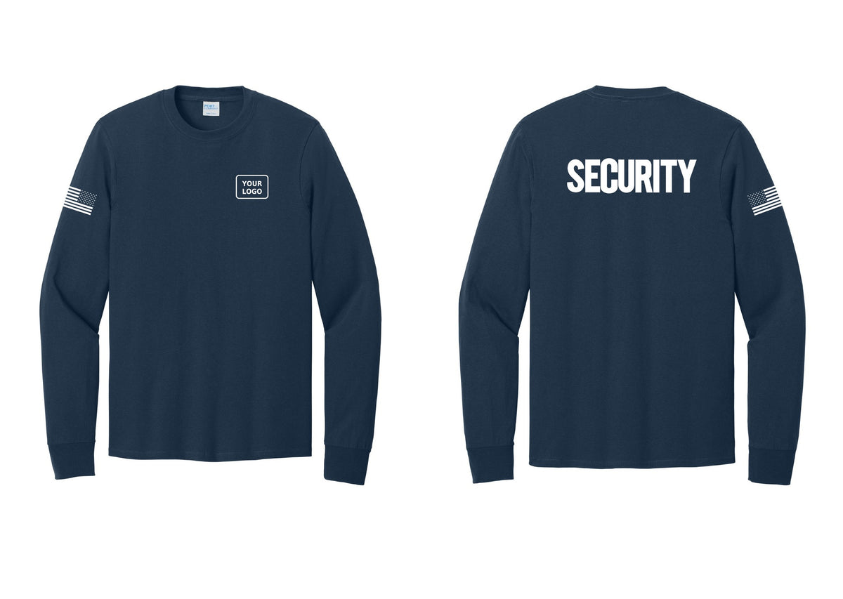 NYC Factory Men's Custom Logo Security Cotton Long Sleeve T-Shirt - Your Logo + Back + US Flag Sleeve - Navy