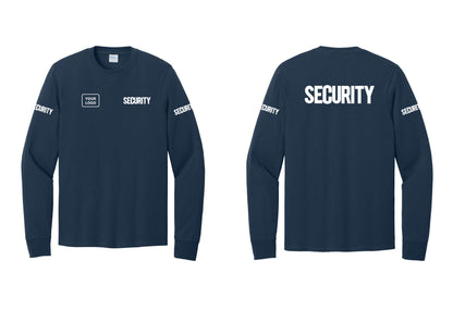 NYC Factory Men's Custom Logo Security Cotton Long Sleeve T-Shirt - SECURITY + Your Logo + Back + Security Sleeves - Navy
