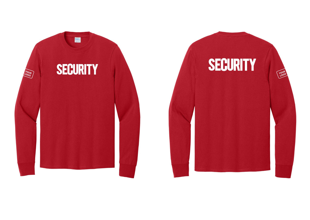 NYC Factory Men's Custom Logo Security Cotton Long Sleeve T-Shirt - Front + Back + Your Logo Sleeve - Red