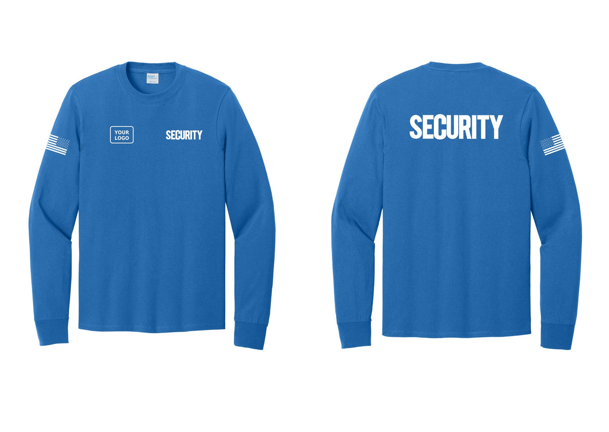 NYC Factory Men's Custom Logo Security Cotton Long Sleeve T-Shirt - SECURITY + Your Logo + Back + US Flag Sleeve - Royal