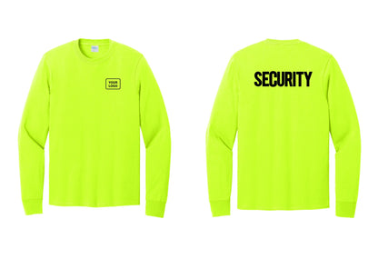 NYC Factory Men's Custom Logo Security Cotton Long Sleeve T-Shirt - Your Logo + Back - Safety Green