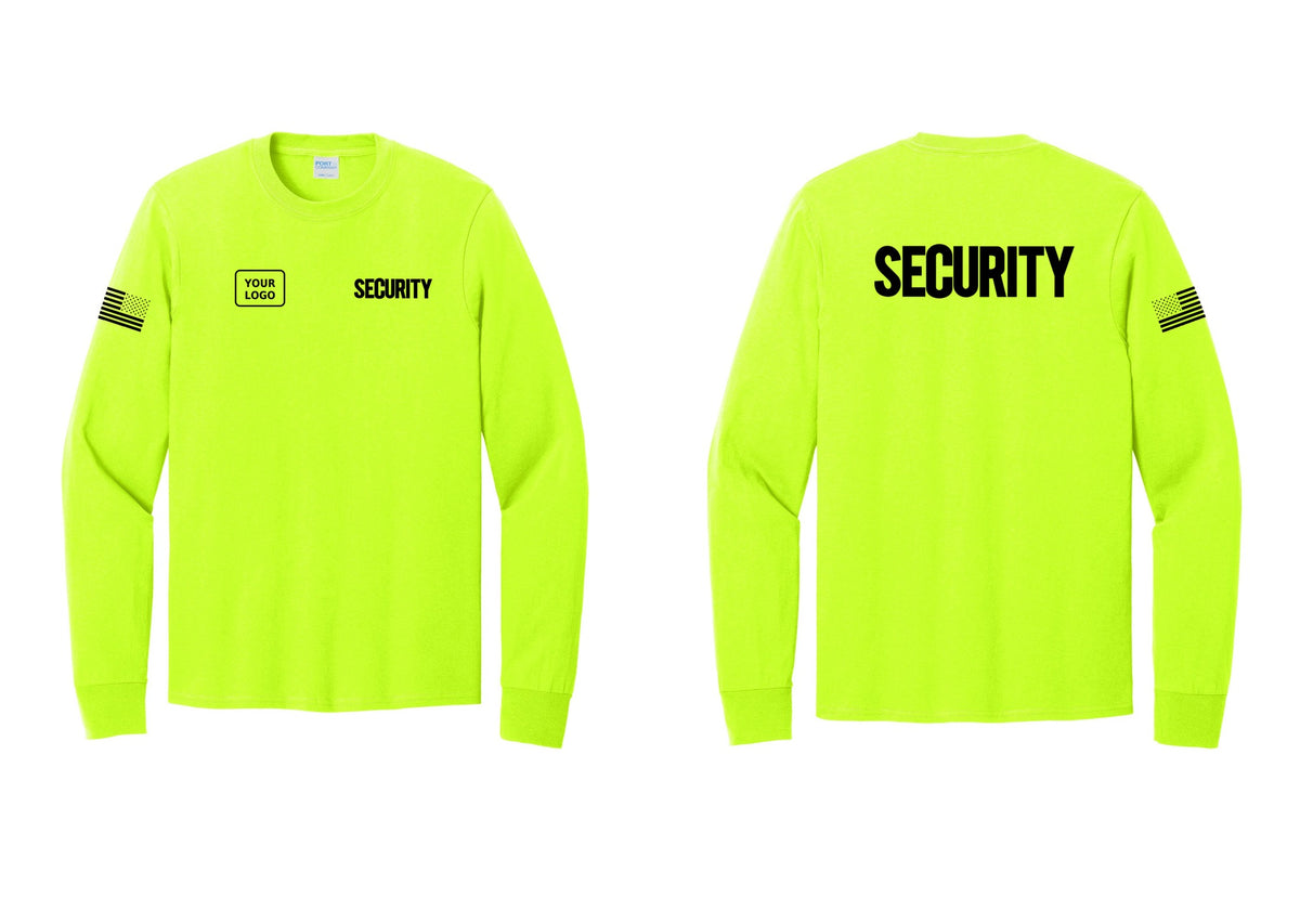 NYC Factory Men's Custom Logo Security Cotton Long Sleeve T-Shirt - SECURITY + Your Logo + Back + US Flag Sleeve - Safety Green