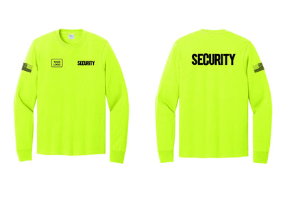 NYC Factory Men's Custom Logo Security Cotton Long Sleeve T-Shirt - SECURITY + Your Logo + Back + US Flag Sleeve - Safety Green
