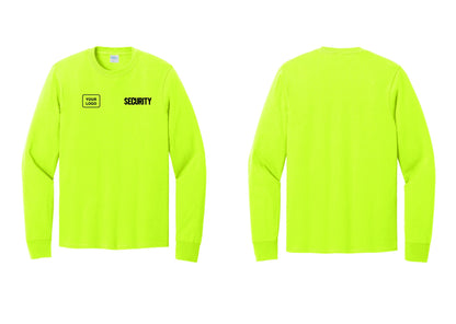 NYC Factory Men's Custom Logo Security Cotton Long Sleeve T-Shirt - SECURITY + Your Logo - Safety Green