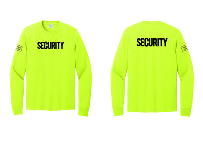 NYC Factory Men's Custom Logo Security Cotton Long Sleeve T-Shirt - Front + Back + Your Logo Sleeve - Safety Green