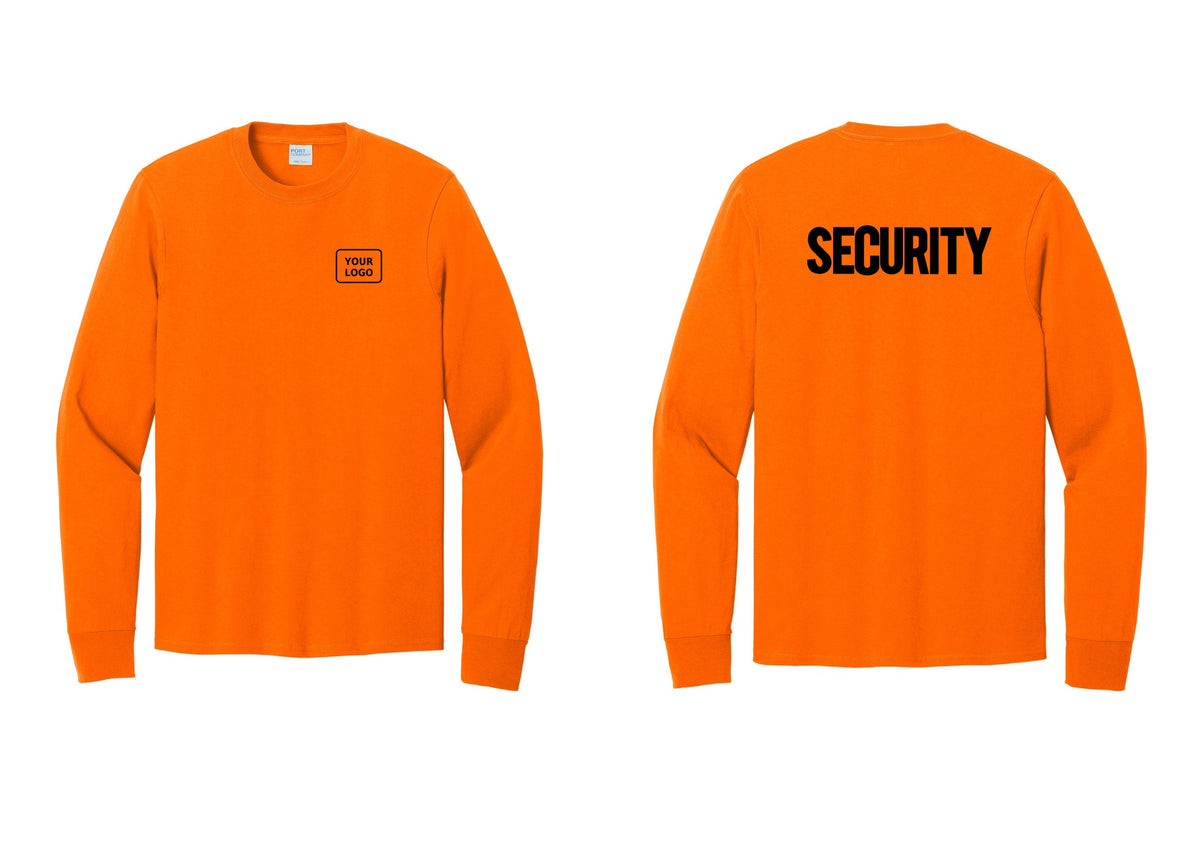 NYC Factory Men's Custom Logo Security Cotton Long Sleeve T-Shirt - Your Logo + Back - Safety Orange