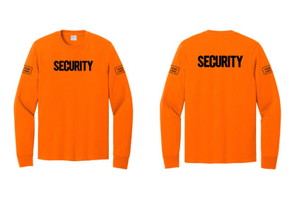 NYC Factory Men's Custom Logo Security Cotton Long Sleeve T-Shirt - Front + Back + Your Logo Sleeves - Safety Orange