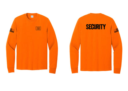 NYC Factory Men's Custom Logo Security Cotton Long Sleeve T-Shirt - Your Logo + Back + US Flag Sleeve - Safety Orange