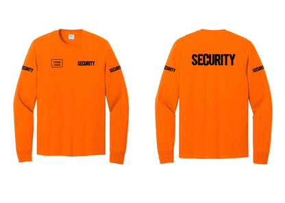 NYC Factory Men's Custom Logo Security Cotton Long Sleeve T-Shirt - SECURITY + Your Logo + Back + Security Sleeves - Safety Orange