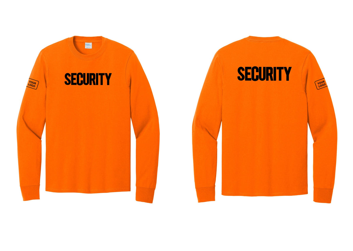 NYC Factory Men's Custom Logo Security Cotton Long Sleeve T-Shirt - Front + Back + Your Logo Sleeve - Safety Orange