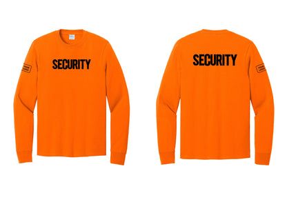 NYC Factory Men's Custom Logo Security Cotton Long Sleeve T-Shirt - Front + Back + Your Logo Sleeve - Safety Orange