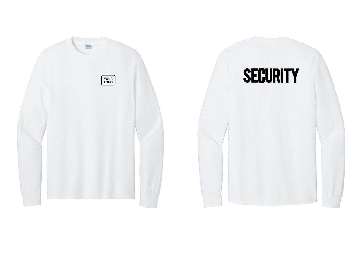 NYC Factory Men's Custom Logo Security Cotton Long Sleeve T-Shirt - Your Logo + Back - White