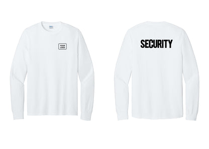 NYC Factory Men's Custom Logo Security Cotton Long Sleeve T-Shirt - Your Logo + Back - White