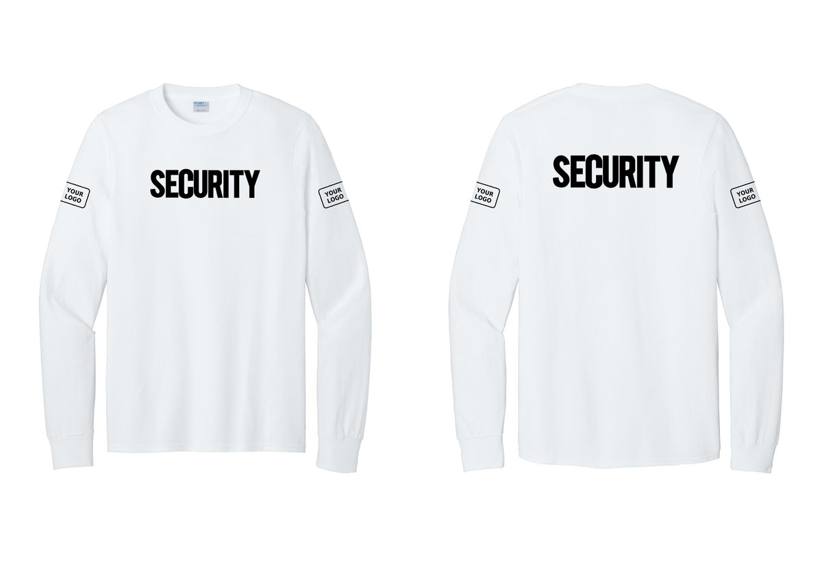 NYC Factory Men's Custom Logo Security Cotton Long Sleeve T-Shirt - Front + Back + Your Logo Sleeves - White