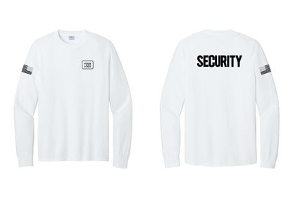 NYC Factory Men's Custom Logo Security Cotton Long Sleeve T-Shirt - Your Logo + Back + US Flag Sleeve - White