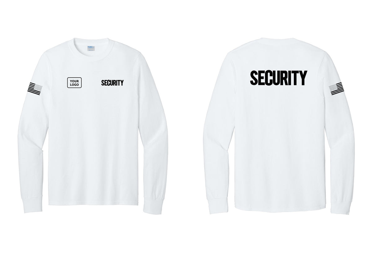 NYC Factory Men's Custom Logo Security Cotton Long Sleeve T-Shirt - SECURITY + Your Logo + Back + US Flag Sleeve - White