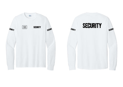 NYC Factory Men's Custom Logo Security Cotton Long Sleeve T-Shirt - SECURITY + Your Logo + Back + Security Sleeves - White