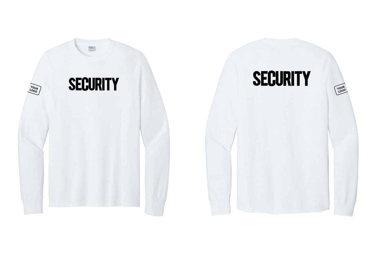 NYC Factory Men's Custom Logo Security Cotton Long Sleeve T-Shirt - Front + Back + Your Logo Sleeve - White
