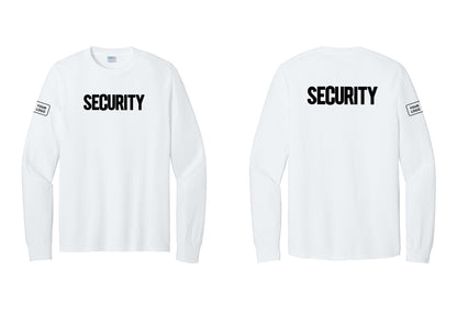 NYC Factory Men's Custom Logo Security Cotton Long Sleeve T-Shirt - Front + Back + Your Logo Sleeve - White