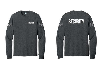 NYC Factory Men's Custom Logo Security Cotton Long Sleeve T-Shirt - Chest + Back + Your Logo Sleeves - Dark Heather Grey
