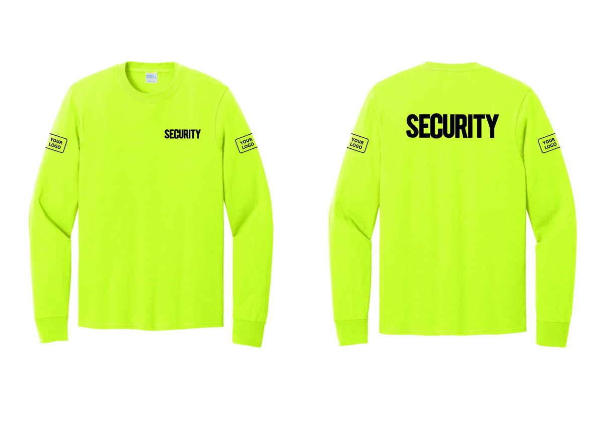 NYC Factory Men's Custom Logo Security Cotton Long Sleeve T-Shirt - Chest + Back + Your Logo Sleeves - Safety Green