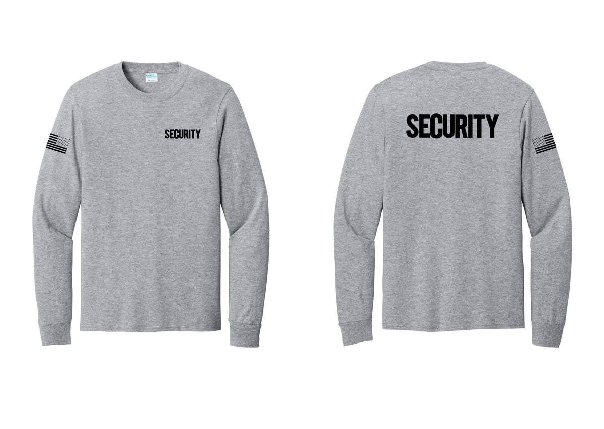 NYC Factory Men's Security Cotton Long Sleeve T-Shirt - Chest + Back + US Flag Sleeve - Athletic Heather